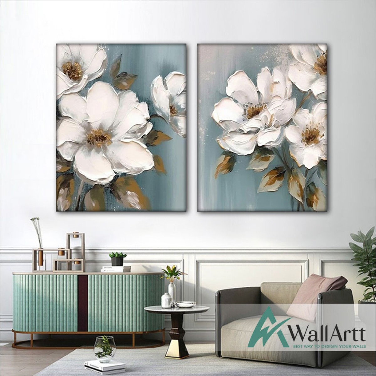 White Flowers with Gold Leaves 2 Piece 3d Heavy Textured Partial Oil Painting
